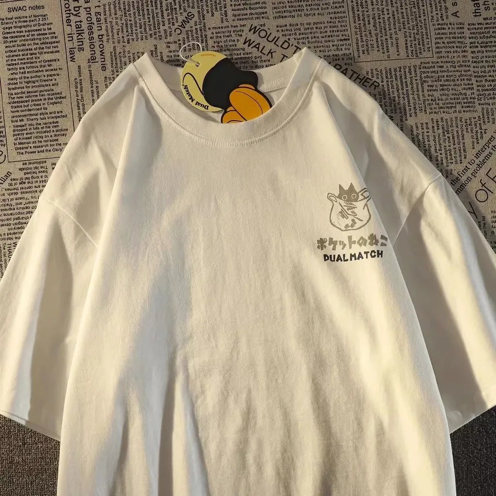 Summer Japanese Retro Pocket Cat Cartoon Printed Short Sleeve T-shirt Male Female Couples Unisex College Style Oversized Top Summer Japanese Retro Pocket Cat Cartoon Printed Short Sleeve T-shirt Male Female Couples Unisex College Style Oversized Top