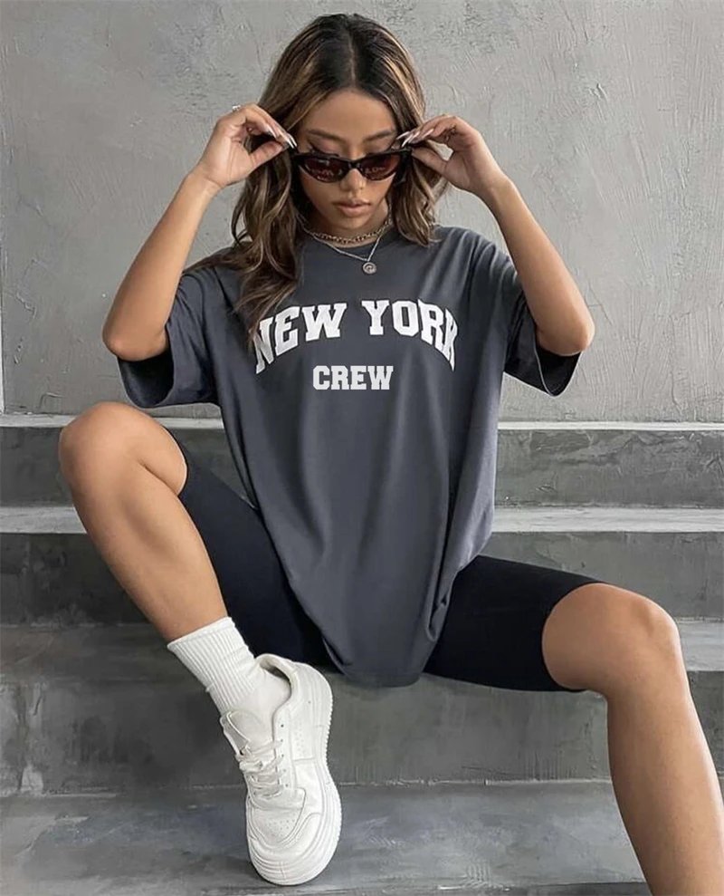 Hirsionsan Oversized Letter Graphic T-shirt Women 2023 Summer Soft O-neck Short Sleeve Tees Female Casual Loose Higt Street Top
