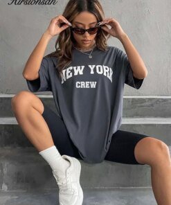Hirsionsan Oversized Letter Graphic T-shirt Women 2023 Summer Soft O-neck Short Sleeve Tees Female Casual Loose Higt Street Top