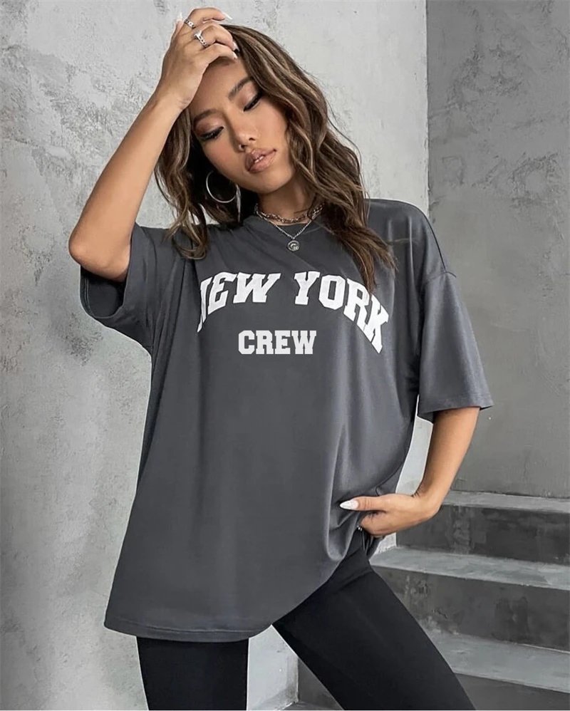 Hirsionsan Oversized Letter Graphic T-shirt Women 2023 Summer Soft O-neck Short Sleeve Tees Female Casual Loose Higt Street Top