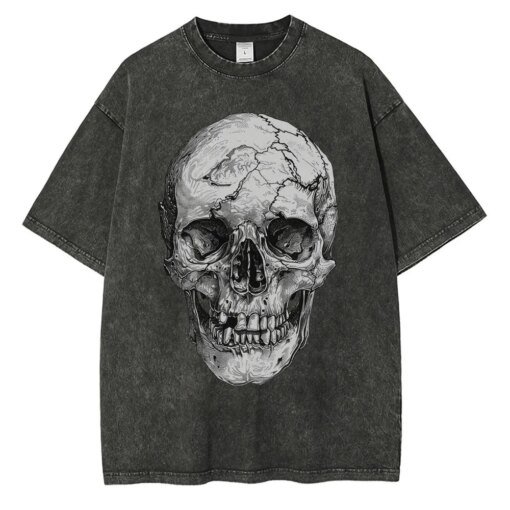 Heavyweight Pure Cotton Washed T Shirt Large Skull Printed Graphic T Shirts Drop Shoulder Vintage Oversized T Shirt