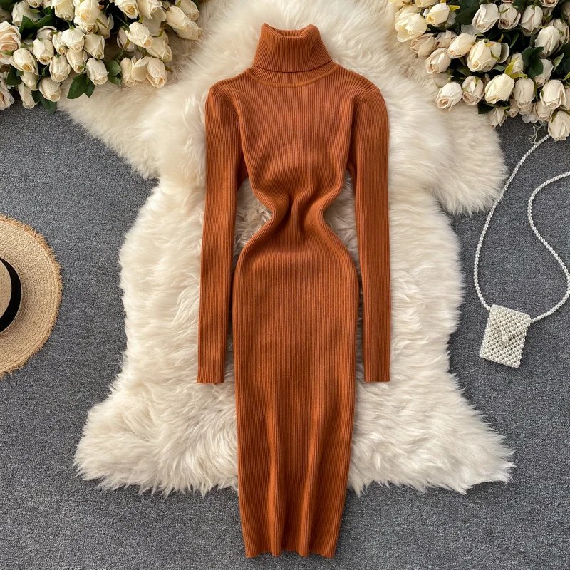Dresses for Women 2022 Sexy Turtleneck Knitted Bodycon Dress Women Autumn Winter Long Sleeve Sweater Dress Dresses for Women 2022 Sexy Turtleneck Knitted Bodycon Dress Women Autumn Winter Long Sleeve Sweater Dress