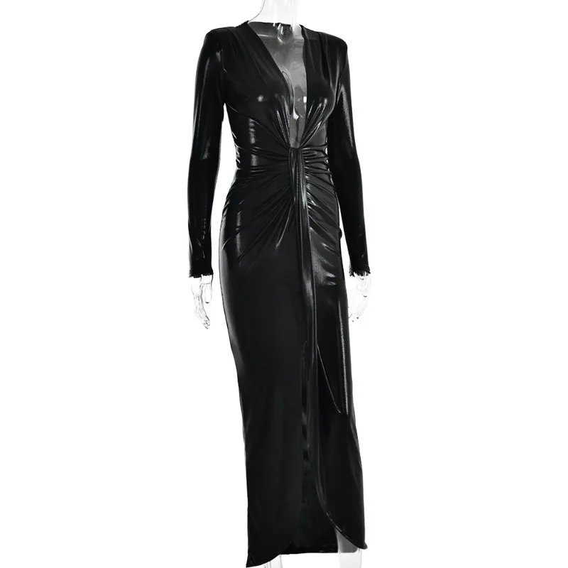 Metallic Gilding Maxi Party Dress Women Sexy V Neck Long Sleeve Ruched High Split Bodycon Clubwear Long Robe Evening Gown Metallic Gilding Maxi Party Dress Women Sexy V Neck Long Sleeve Ruched High Split Bodycon Clubwear Long Robe Evening Gown