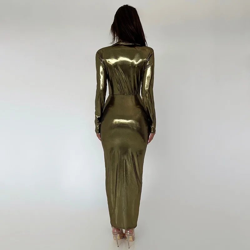 Metallic Gilding Maxi Party Dress Women Sexy V Neck Long Sleeve Ruched High Split Bodycon Clubwear Long Robe Evening Gown Metallic Gilding Maxi Party Dress Women Sexy V Neck Long Sleeve Ruched High Split Bodycon Clubwear Long Robe Evening Gown
