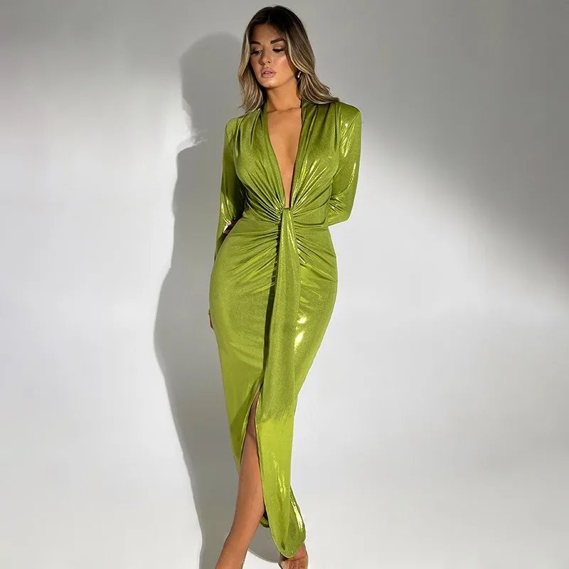 Metallic Gilding Maxi Party Dress Women Sexy V Neck Long Sleeve Ruched High Split Bodycon Clubwear Long Robe Evening Gown Metallic Gilding Maxi Party Dress Women Sexy V Neck Long Sleeve Ruched High Split Bodycon Clubwear Long Robe Evening Gown