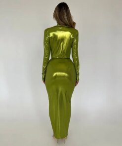 Alternative view of Metallic Gilding Maxi Party Dress Women Sexy V Neck Long Sleeve Ruched High Split Bodycon Clubwear Long Robe Evening Gown