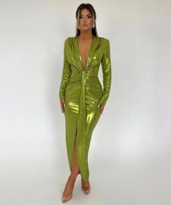 Metallic Gilding Maxi Party Dress Women Sexy V Neck Long Sleeve Ruched High Split Bodycon Clubwear Long Robe Evening Gown