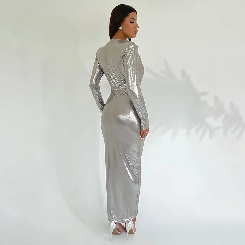 Metallic Gilding Maxi Party Dress Women Sexy V Neck Long Sleeve Ruched High Split Bodycon Clubwear Long Robe Evening Gown Metallic Gilding Maxi Party Dress Women Sexy V Neck Long Sleeve Ruched High Split Bodycon Clubwear Long Robe Evening Gown