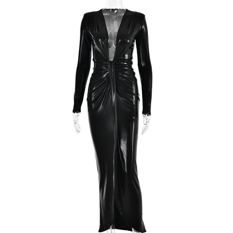 Metallic Gilding Maxi Party Dress Women Sexy V Neck Long Sleeve Ruched High Split Bodycon Clubwear Long Robe Evening Gown Metallic Gilding Maxi Party Dress Women Sexy V Neck Long Sleeve Ruched High Split Bodycon Clubwear Long Robe Evening Gown