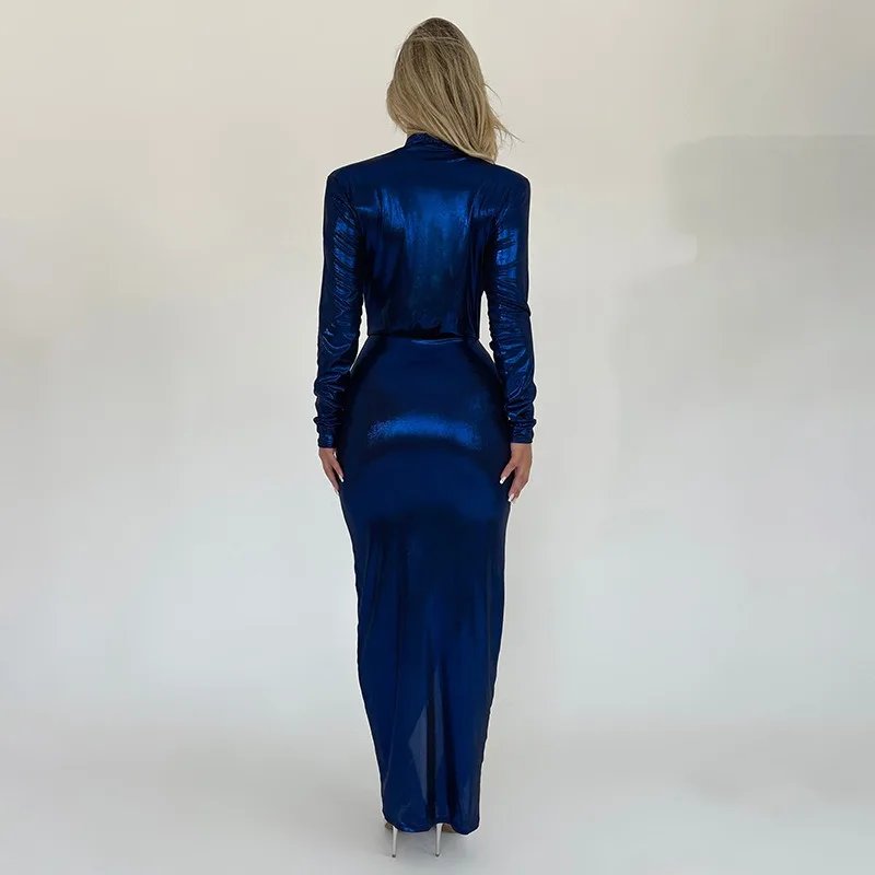 Metallic Gilding Maxi Party Dress Women Sexy V Neck Long Sleeve Ruched High Split Bodycon Clubwear Long Robe Evening Gown Metallic Gilding Maxi Party Dress Women Sexy V Neck Long Sleeve Ruched High Split Bodycon Clubwear Long Robe Evening Gown
