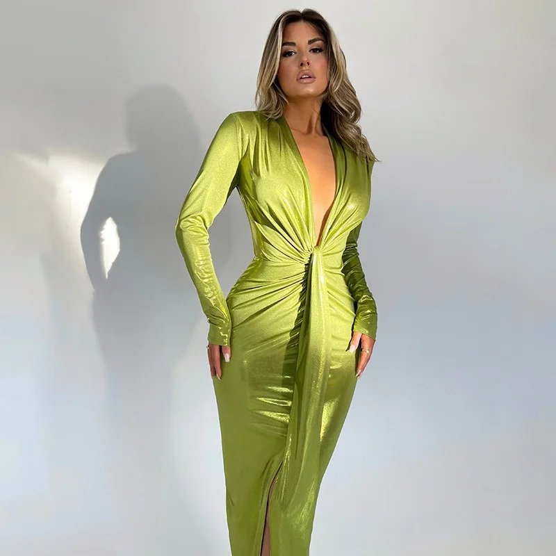 Metallic Gilding Maxi Party Dress Women Sexy V Neck Long Sleeve Ruched High Split Bodycon Clubwear Long Robe Evening Gown Metallic Gilding Maxi Party Dress Women Sexy V Neck Long Sleeve Ruched High Split Bodycon Clubwear Long Robe Evening Gown