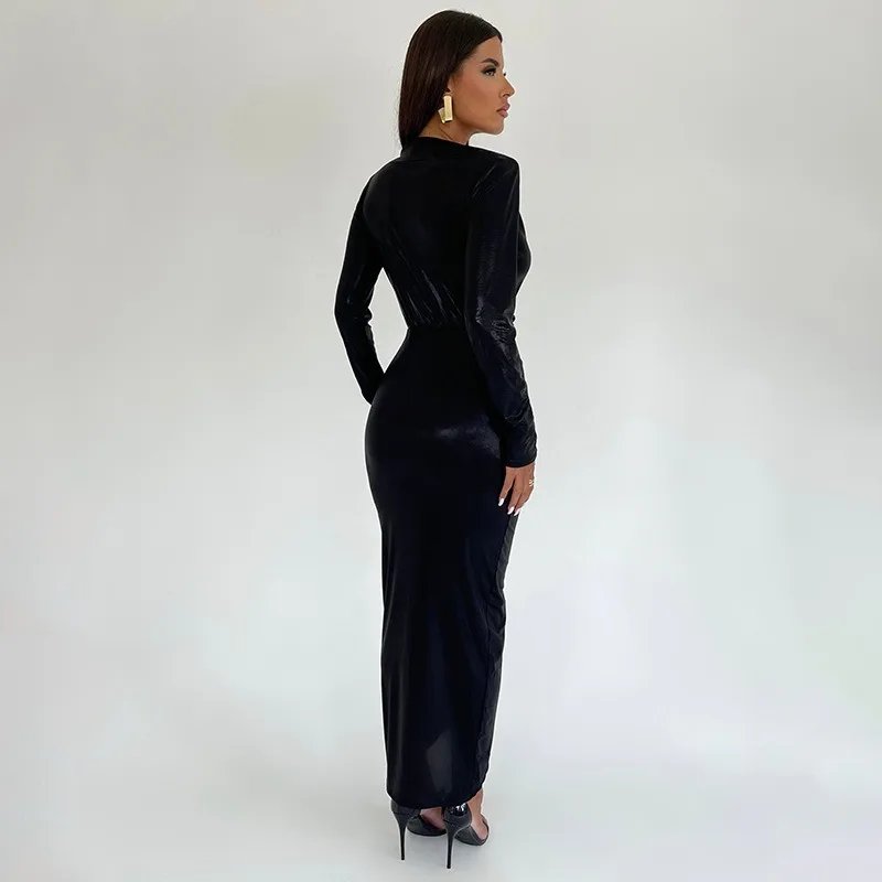 Metallic Gilding Maxi Party Dress Women Sexy V Neck Long Sleeve Ruched High Split Bodycon Clubwear Long Robe Evening Gown Metallic Gilding Maxi Party Dress Women Sexy V Neck Long Sleeve Ruched High Split Bodycon Clubwear Long Robe Evening Gown