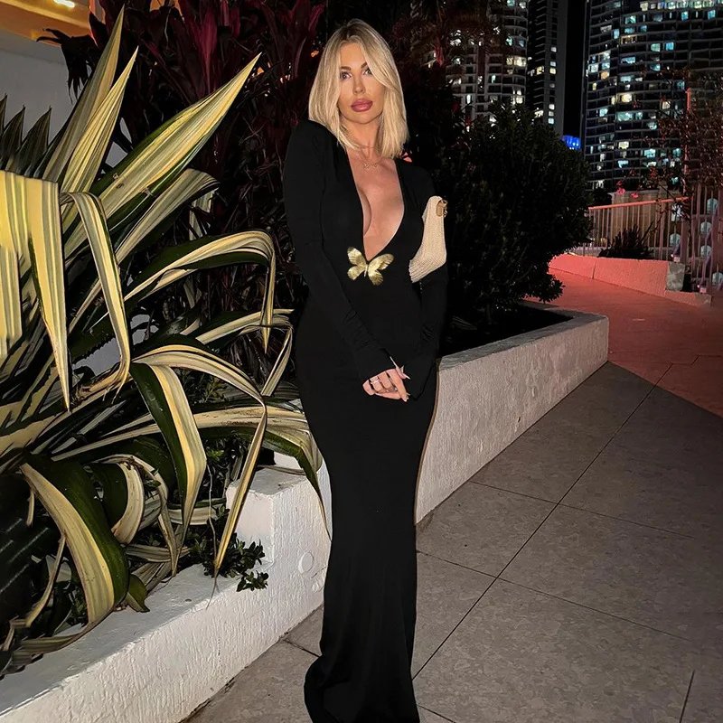 Cryptographic Embellished Elegant Deep V Neck Maxi Dress Gown Club Outfits Autumn Long Sleeve Sexy Bodycon Dresses Mermaid Robes Cryptographic Embellished Elegant Deep V Neck Maxi Dress Gown Club Outfits Autumn Long Sleeve Sexy Bodycon Dresses Mermaid Robes