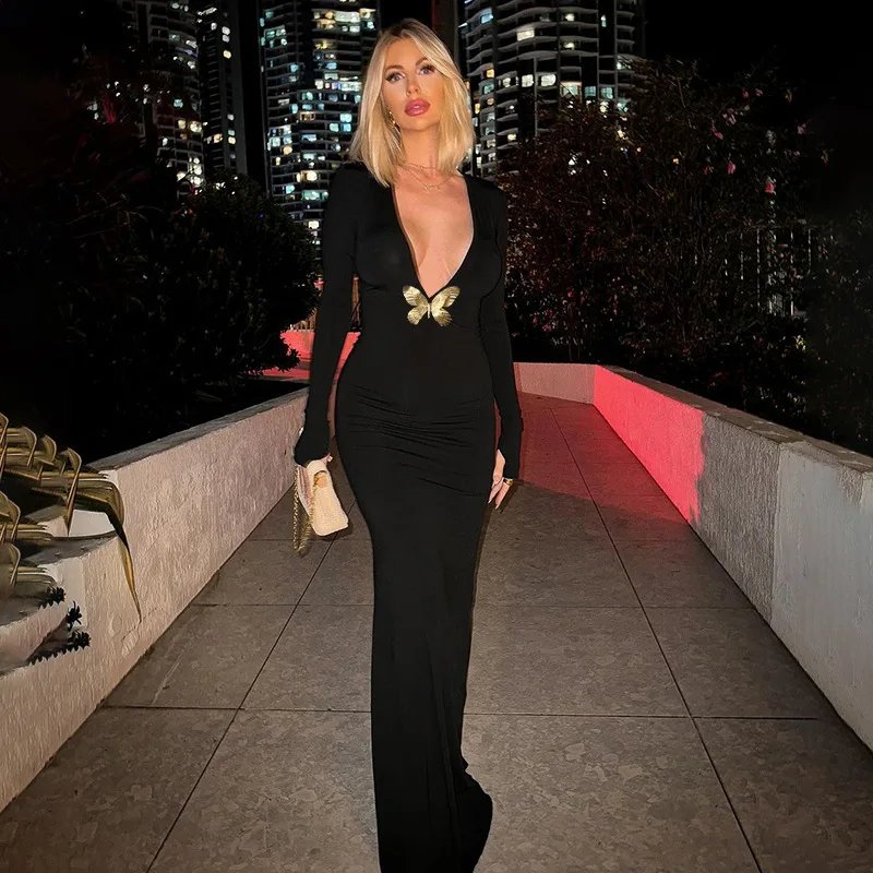 Cryptographic Embellished Elegant Deep V Neck Maxi Dress Gown Club Outfits Autumn Long Sleeve Sexy Bodycon Dresses Mermaid Robes Cryptographic Embellished Elegant Deep V Neck Maxi Dress Gown Club Outfits Autumn Long Sleeve Sexy Bodycon Dresses Mermaid Robes