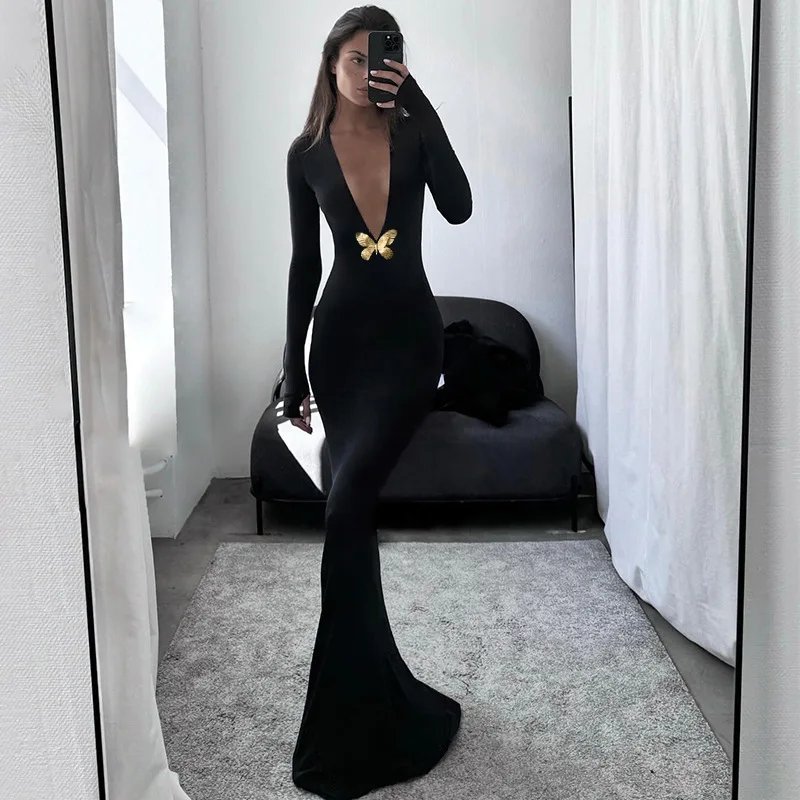 Cryptographic Embellished Elegant Deep V Neck Maxi Dress Gown Club Outfits Autumn Long Sleeve Sexy Bodycon Dresses Mermaid Robes Cryptographic Embellished Elegant Deep V Neck Maxi Dress Gown Club Outfits Autumn Long Sleeve Sexy Bodycon Dresses Mermaid Robes