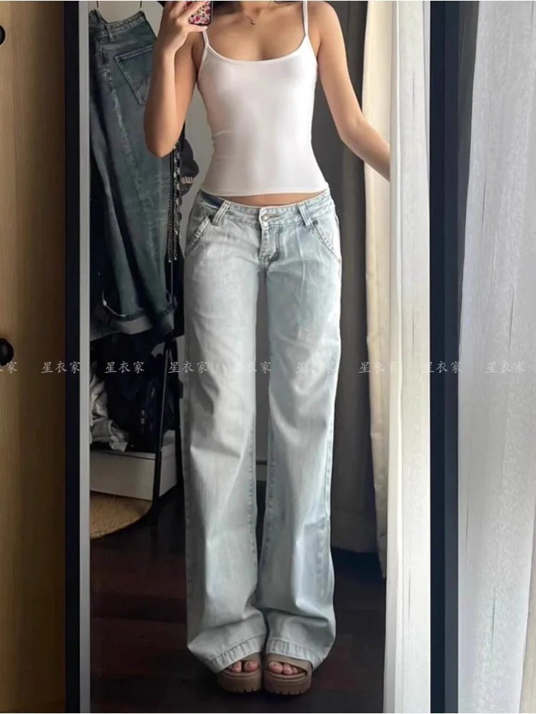 Light Blue Low Waist Jeans Woman Streetwear American Vintage Denim Pants Female Casual Washed Straight Pantalons Mujer Fall 2024