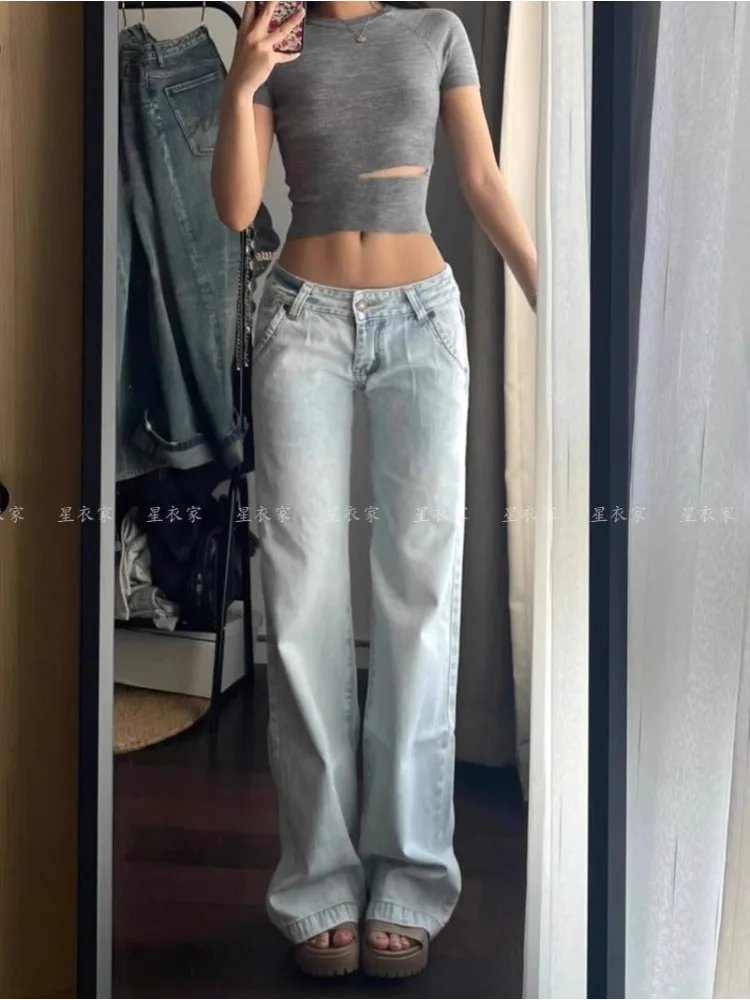 Light Blue Low Waist Jeans Woman Streetwear American Vintage Denim Pants Female Casual Washed Straight Pantalons Mujer Fall 2024