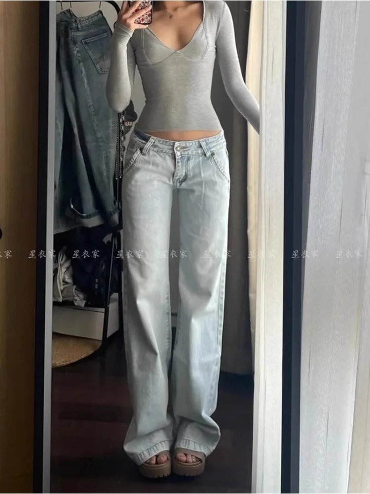 Light Blue Low Waist Jeans Woman Streetwear American Vintage Denim Pants Female Casual Washed Straight Pantalons Mujer Fall 2024