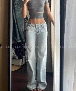 Light Blue Low Waist Jeans Woman Streetwear American Vintage Denim Pants Female Casual Washed Straight Pantalons Mujer Fall 2024
