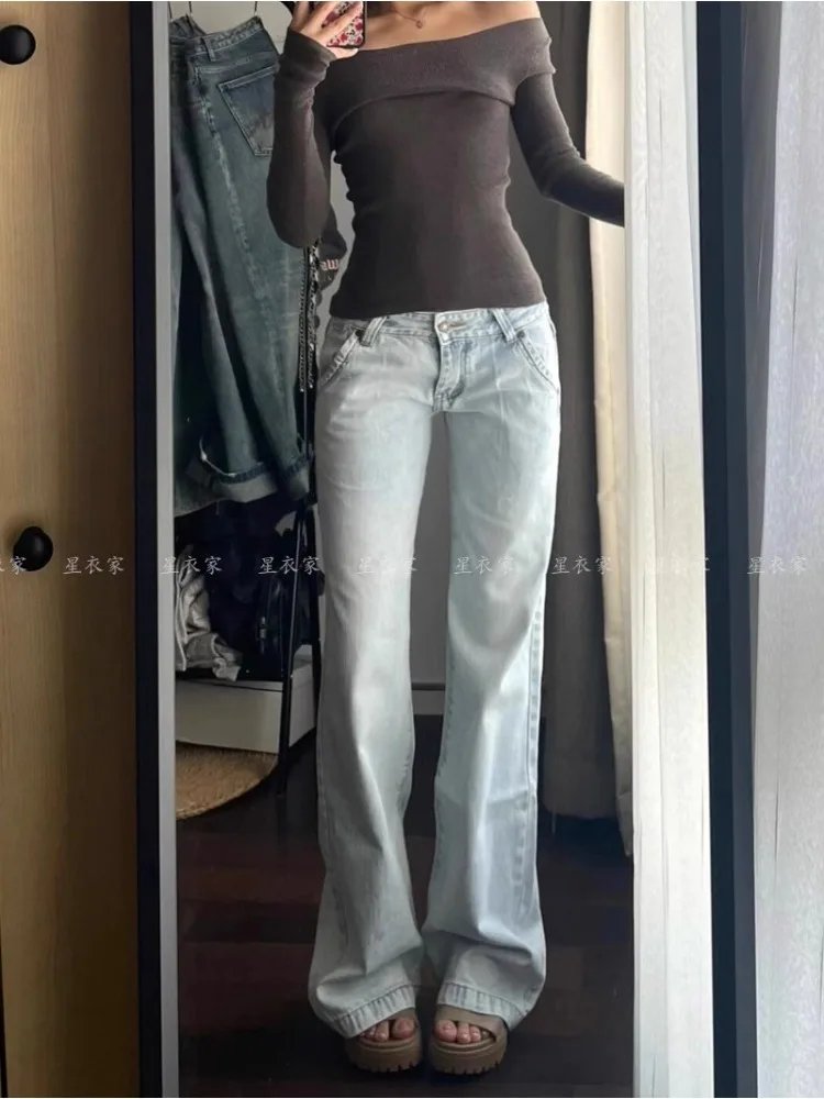 Light Blue Low Waist Jeans Woman Streetwear American Vintage Denim Pants Female Casual Washed Straight Pantalons Mujer Fall 2024