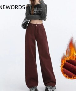 FINEWORDS Retro Angela Red Winter Jeans Women Thicken Cashmere High Waist Baggy Jeans Streetwear Casual Wide Leg Denim Pants