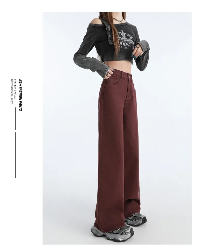 FINEWORDS Retro Angela Red Winter Jeans Women Thicken Cashmere High Waist Baggy Jeans Streetwear Casual Wide Leg Denim Pants