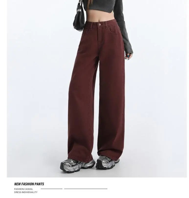 FINEWORDS Retro Angela Red Winter Jeans Women Thicken Cashmere High Waist Baggy Jeans Streetwear Casual Wide Leg Denim Pants