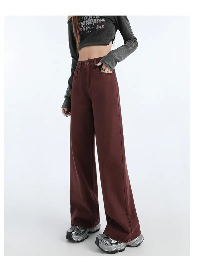 FINEWORDS Retro Angela Red Winter Jeans Women Thicken Cashmere High Waist Baggy Jeans Streetwear Casual Wide Leg Denim Pants