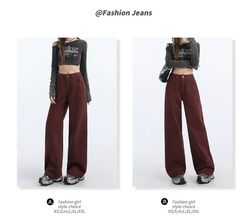 FINEWORDS Retro Angela Red Winter Jeans Women Thicken Cashmere High Waist Baggy Jeans Streetwear Casual Wide Leg Denim Pants