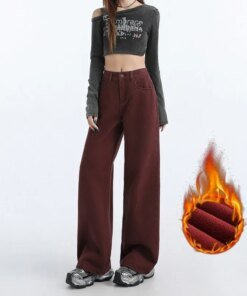 Alternative view of FINEWORDS Retro Angela Red Winter Jeans Women Thicken Cashmere High Waist Baggy Jeans Streetwear Casual Wide Leg Denim Pants