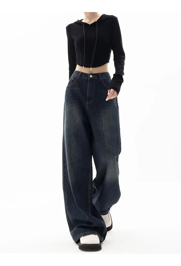 HOUZHOU Vintage Women Wide Leg Jeans Harajuku Baggy Denim Trousers Oversized Grunge Streetwear Y2k Autumn Pants Korean Fashion