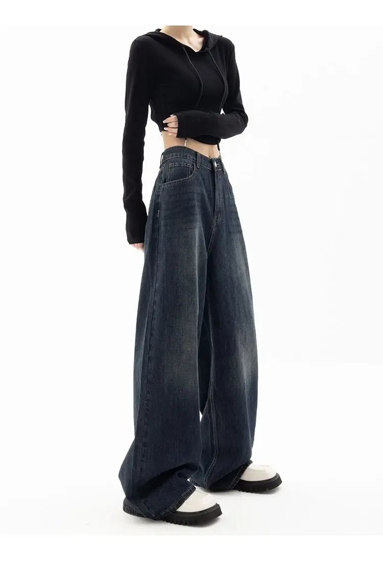 HOUZHOU Vintage Women Wide Leg Jeans Harajuku Baggy Denim Trousers Oversized Grunge Streetwear Y2k Autumn Pants Korean Fashion