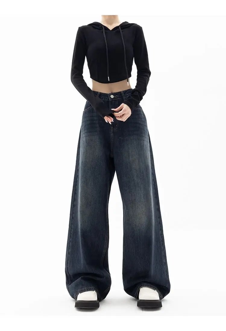HOUZHOU Vintage Women Wide Leg Jeans Harajuku Baggy Denim Trousers Oversized Grunge Streetwear Y2k Autumn Pants Korean Fashion
