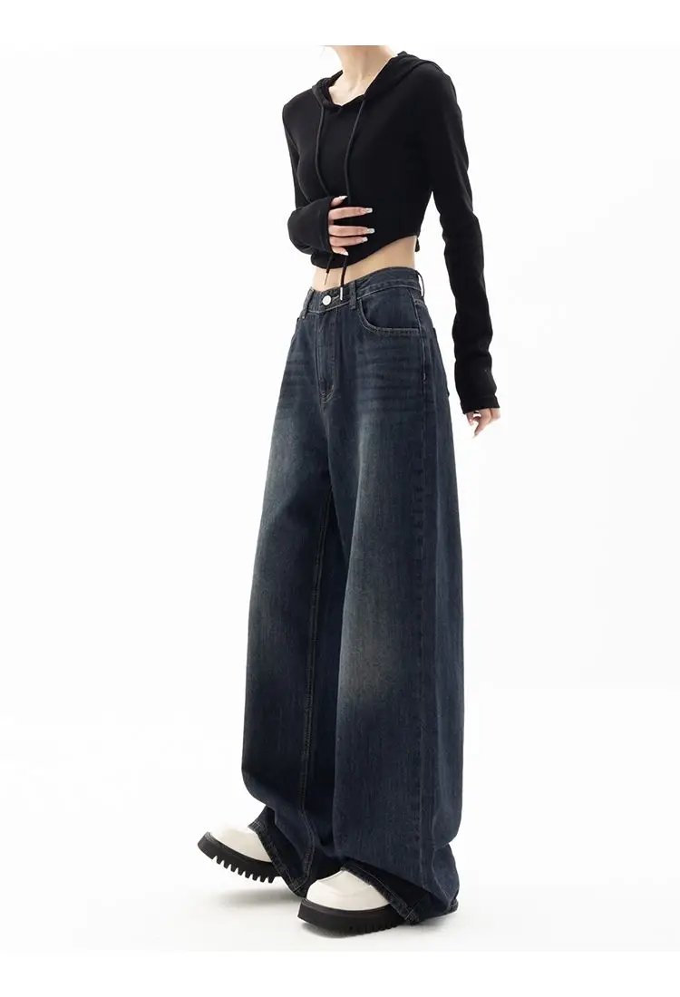 HOUZHOU Vintage Women Wide Leg Jeans Harajuku Baggy Denim Trousers Oversized Grunge Streetwear Y2k Autumn Pants Korean Fashion