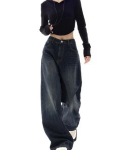 Alternative view of HOUZHOU Vintage Women Wide Leg Jeans Harajuku Baggy Denim Trousers Oversized Grunge Streetwear Y2k Autumn Pants Korean Fashion