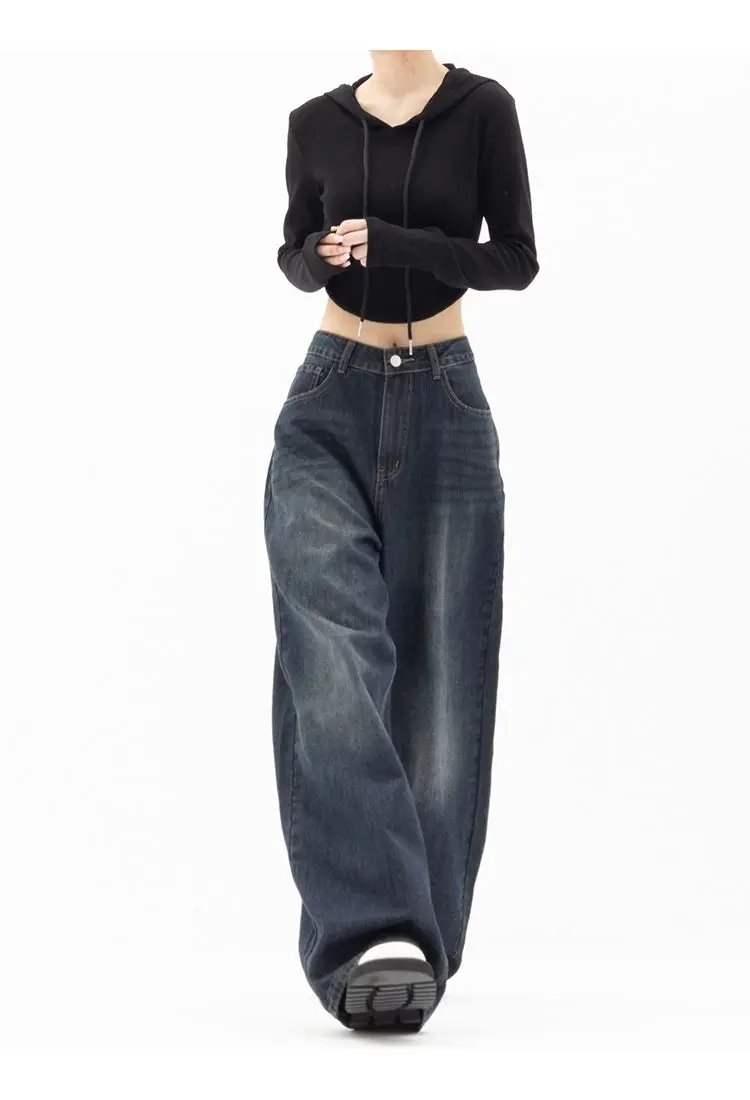 HOUZHOU Vintage Women Wide Leg Jeans Harajuku Baggy Denim Trousers Oversized Grunge Streetwear Y2k Autumn Pants Korean Fashion