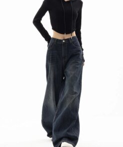 HOUZHOU Vintage Women Wide Leg Jeans Harajuku Baggy Denim Trousers Oversized Grunge Streetwear Y2k Autumn Pants Korean Fashion