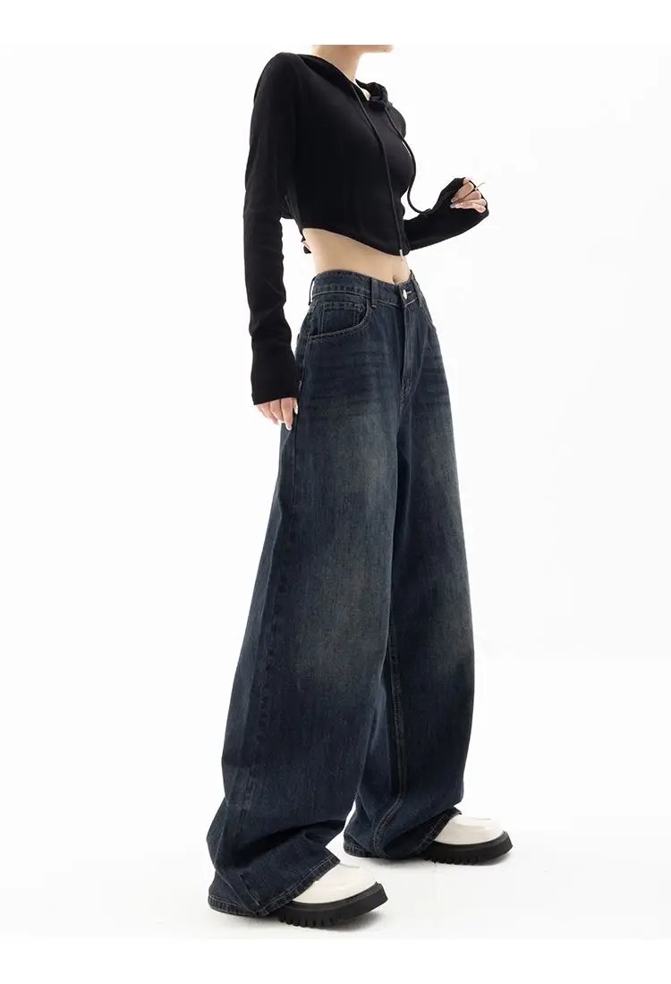 HOUZHOU Vintage Women Wide Leg Jeans Harajuku Baggy Denim Trousers Oversized Grunge Streetwear Y2k Autumn Pants Korean Fashion