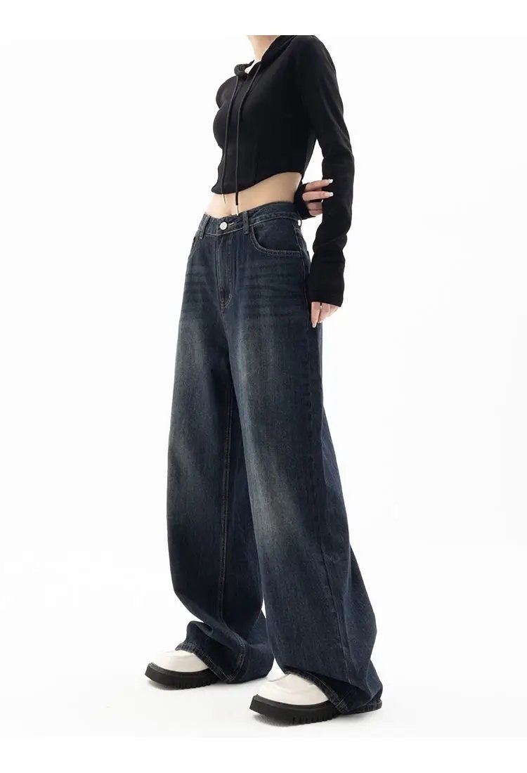 HOUZHOU Vintage Women Wide Leg Jeans Harajuku Baggy Denim Trousers Oversized Grunge Streetwear Y2k Autumn Pants Korean Fashion