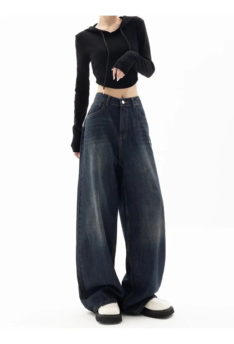 HOUZHOU Vintage Women Wide Leg Jeans Harajuku Baggy Denim Trousers Oversized Grunge Streetwear Y2k Autumn Pants Korean Fashion