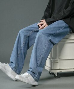 2024 Korean Fashion Men's Straight Wide Leg Jeans Classic Man Loose Baggy Denim Pants High Waist Casual Loose Denim Cargo Pants