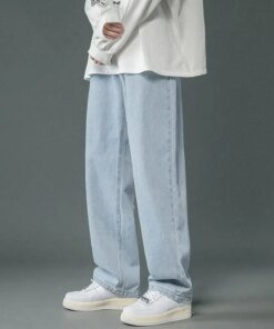 Straight-leg Men Jeans Men's Wide Leg Denim Pants Hip Hop Style Washed Jeans with Pockets Classic Straight Casual for Spring
