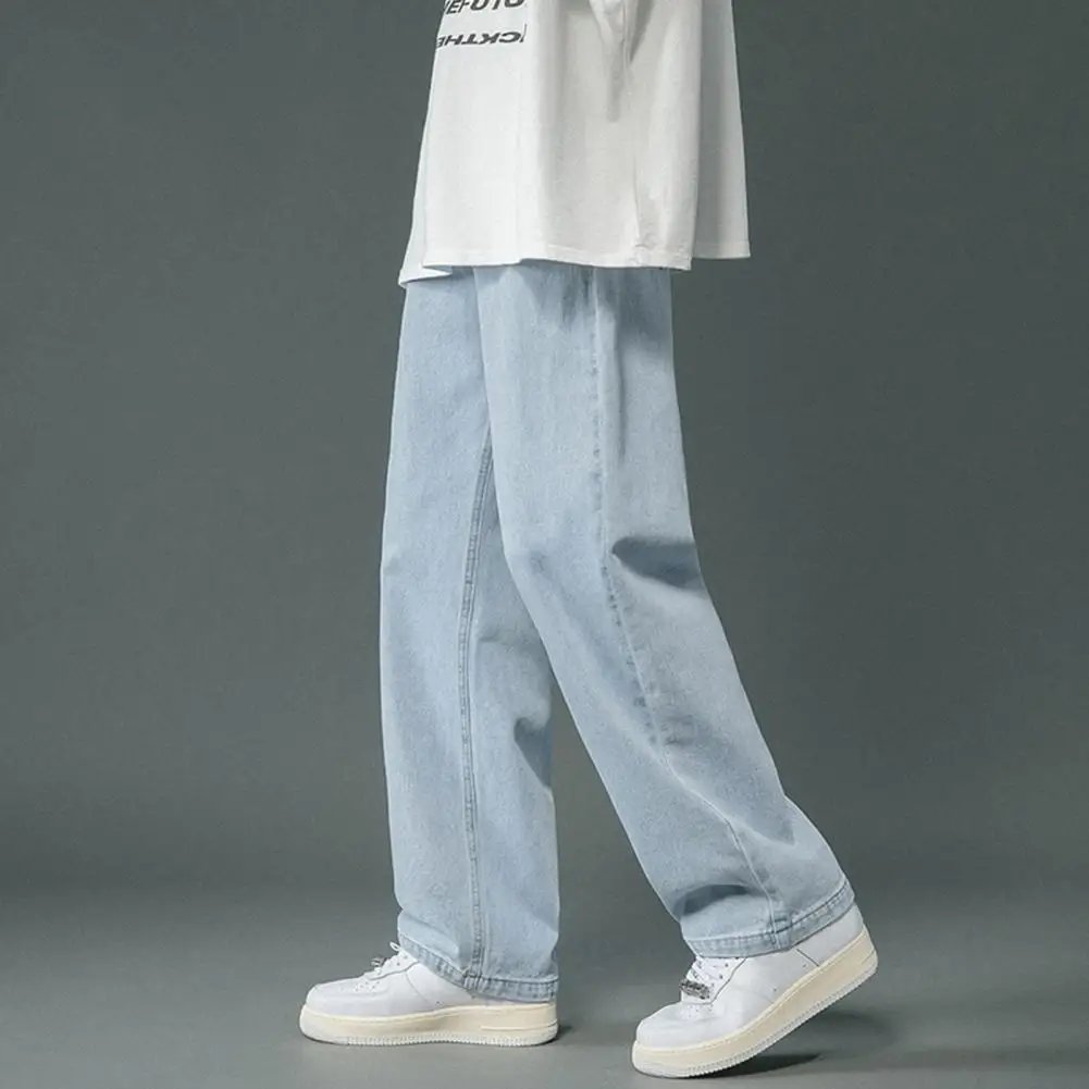 Straight-leg Men Jeans Men's Wide Leg Denim Pants Hip Hop Style Washed Jeans with Pockets Classic Straight Casual for Spring
