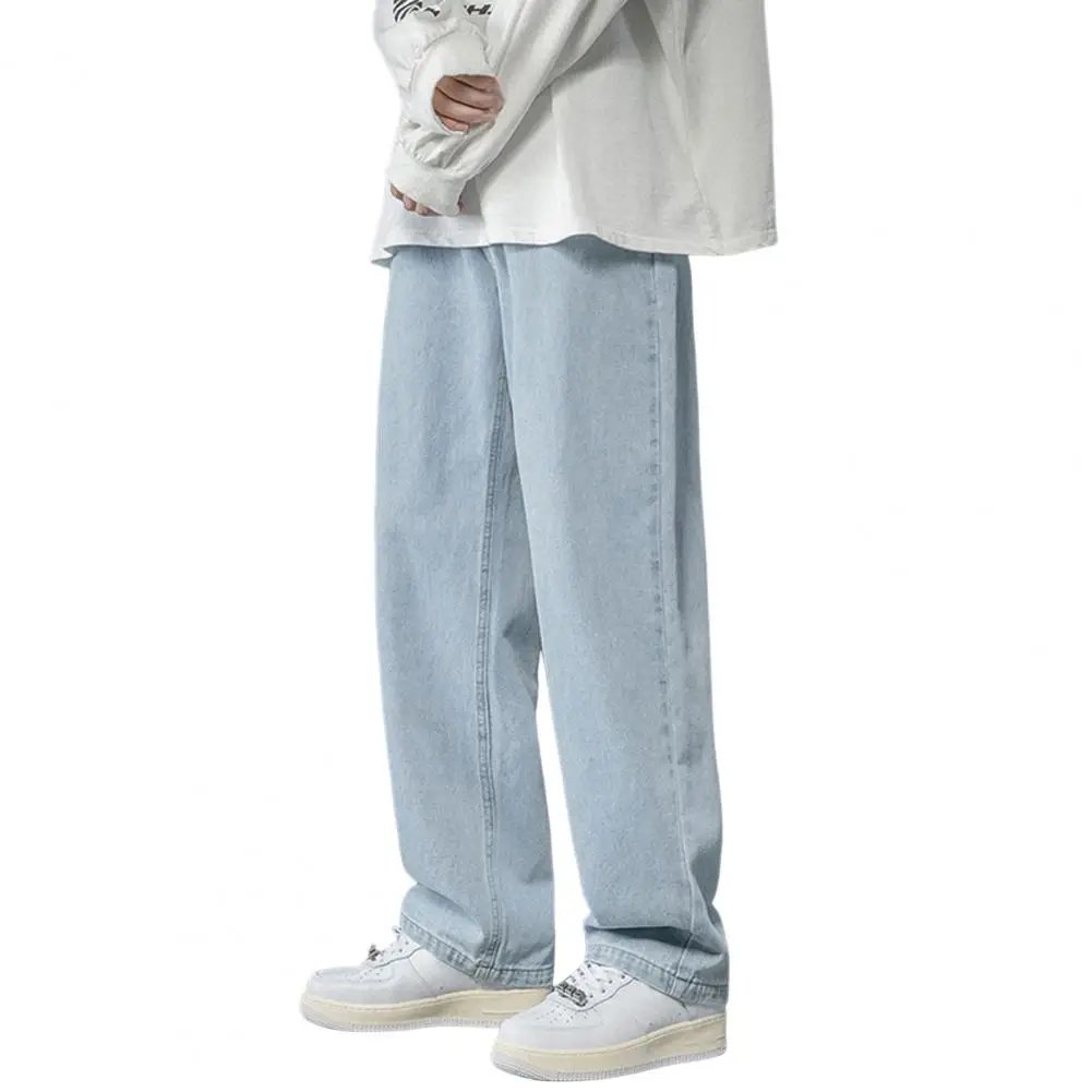Straight-leg Men Jeans Men's Wide Leg Denim Pants Hip Hop Style Washed Jeans with Pockets Classic Straight Casual for Spring