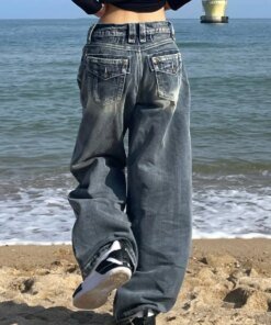 HOUZHOU Y2k 2000s Vintage Baggy Jeans Woman Harajuku Streetwear Oversize Denim Pants Korean Style Gyaru Grunge Hip Hop Trousers