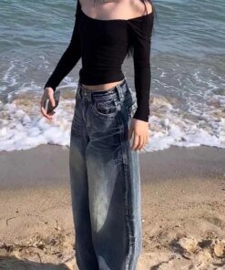 Alternative view of HOUZHOU Y2k 2000s Vintage Baggy Jeans Woman Harajuku Streetwear Oversize Denim Pants Korean Style Gyaru Grunge Hip Hop Trousers