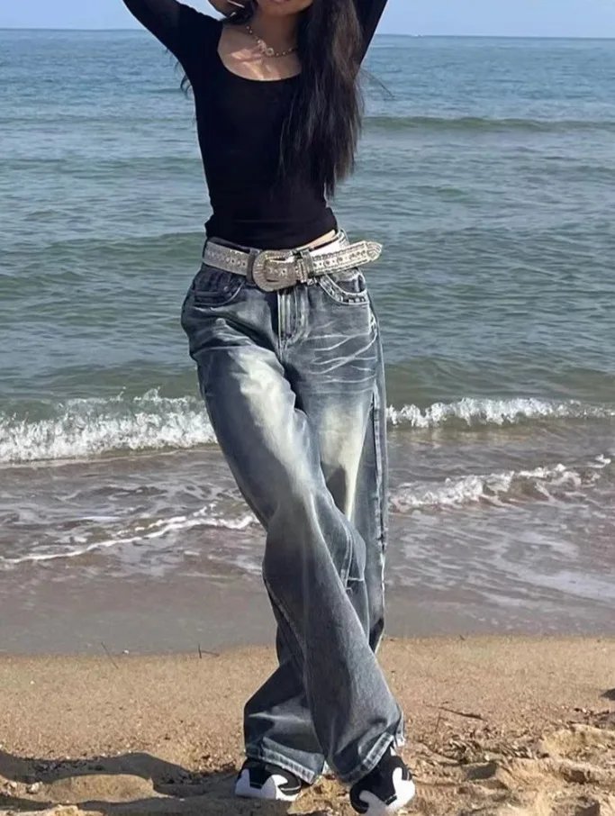 HOUZHOU Y2k 2000s Vintage Baggy Jeans Woman Harajuku Streetwear Oversize Denim Pants Korean Style Gyaru Grunge Hip Hop Trousers