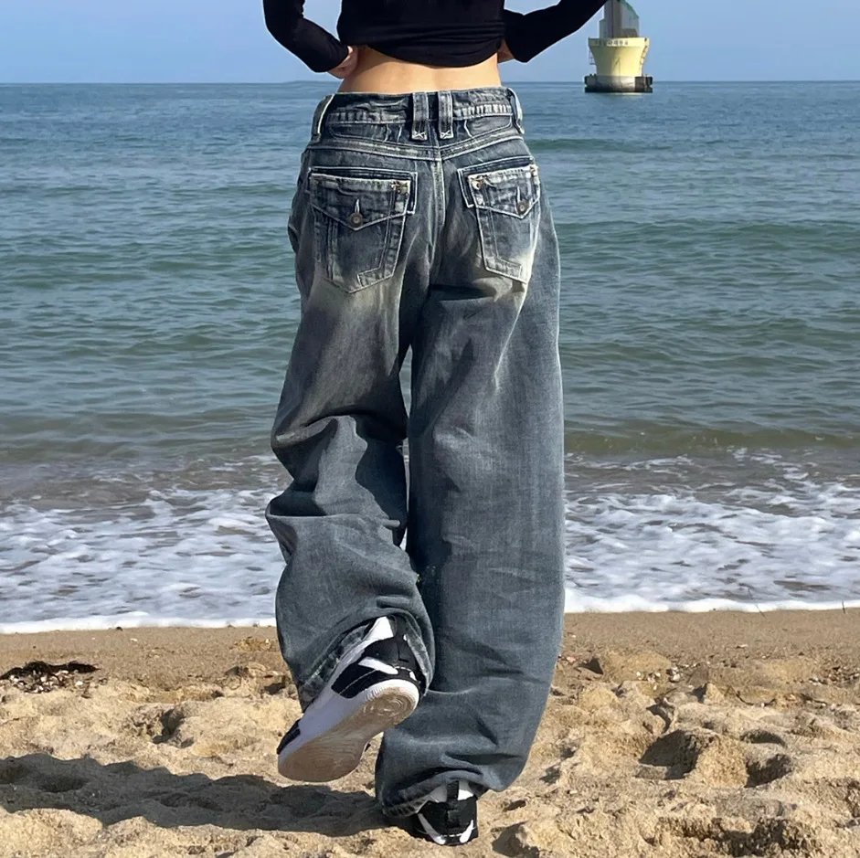HOUZHOU Y2k 2000s Vintage Baggy Jeans Woman Harajuku Streetwear Oversize Denim Pants Korean Style Gyaru Grunge Hip Hop Trousers