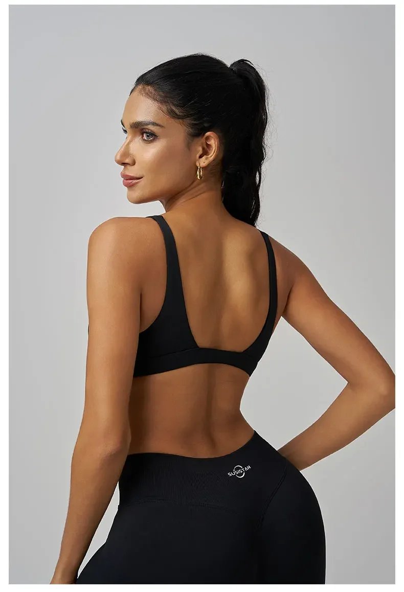 Origin Minimal Sports Bra Open Back V Neck Bra Workout Gym Crop Top Padded Gym Bra