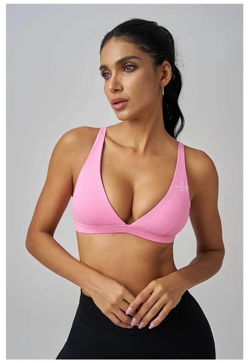 Origin Minimal Sports Bra Open Back V Neck Bra Workout Gym Crop Top Padded Gym Bra